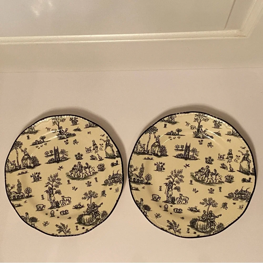 WOOD & SONS SET OF 2 DINNER PLATES TOILE DE JOUY BLACK CREAM 10.75” HOME DINING